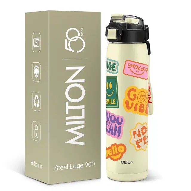 Steel Edge 900 Thermoware Water Bottle 600 ml with One Touch Safety Lock & Twin Lid Sip or Gulp,Long Hours Hot & Cold,Leak Proof,ISI Certified,Vacuum Insulated,Office,Gym,School,Cream