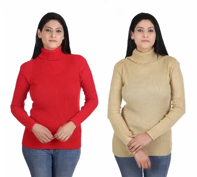 Full Sleeves High Neck Sweater for Women, Pack of 2 (Red & Beige, L)