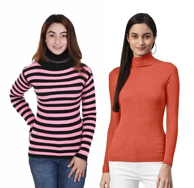 Full Sleeves Solid Sweater for Women, Pack of 2 (Orange & Pink, S)