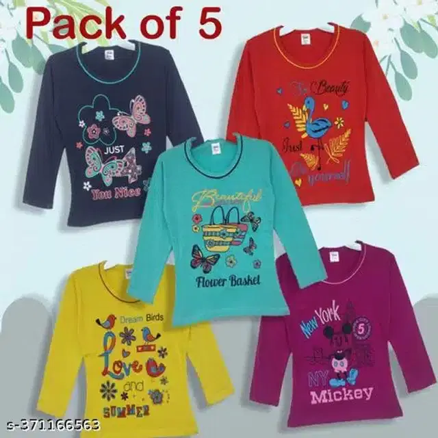 Cotton Full Sleeves T-Shirt for Girls, Pack of 5 (Multicolor, 3-4 Years)