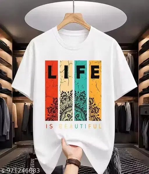 Round Neck Mens T-shirts Typography White (M)
