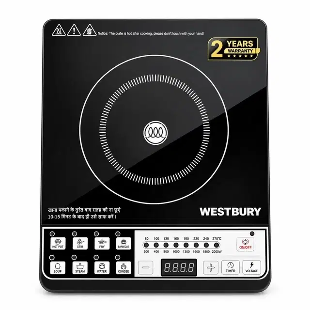 Westbury Powercook 2000 Watt Induction Cooktop with Auto Shut-Off & Over-Heat Protection, 8 Cooking Modes | 2-Year Warranty | (Black, Push Button)