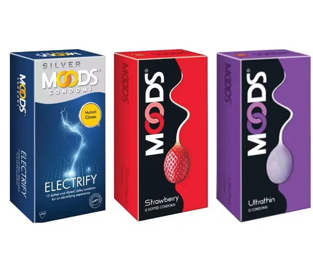 Moods Electricity with Ultra Thin & Strawberry 12 Pcs Dotted Condoms for Men, Set of 3