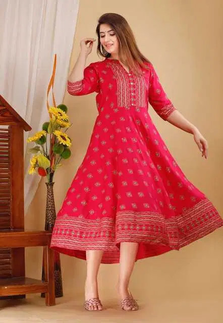 Symm Creations Women Rayon Anarkali Gold Floral Booti Printed Kurti, Red, M, S113