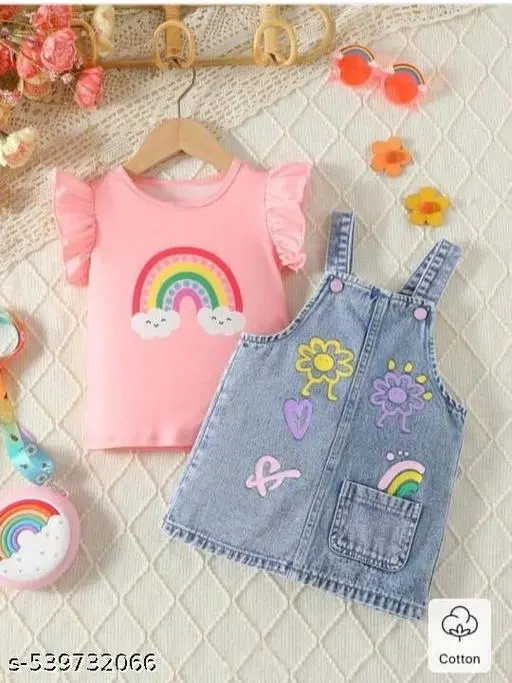 Hosiery Cotton & Denim Printed Clothing Set for Kids, Pink & Blue (0-3 Months)