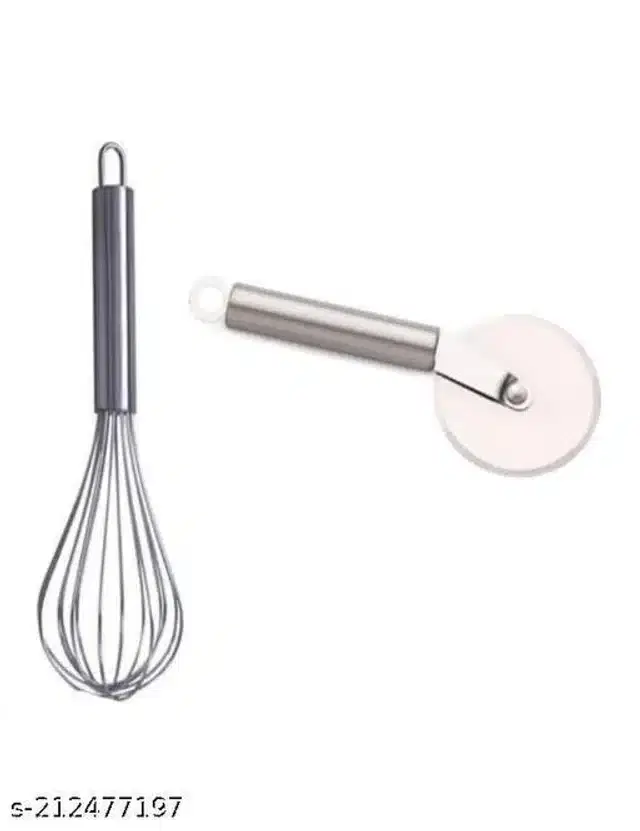 Stainless Steel Egg Beater with Pizza Cutter, Silver, Set of 2