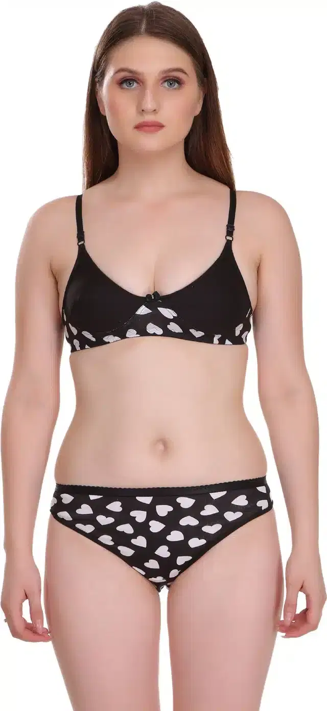 Cotton Blend Lingerie Set for Women (Black, 36)
