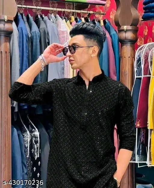 Embroidered Mandarin Neck Kurta for Men (Black, S)