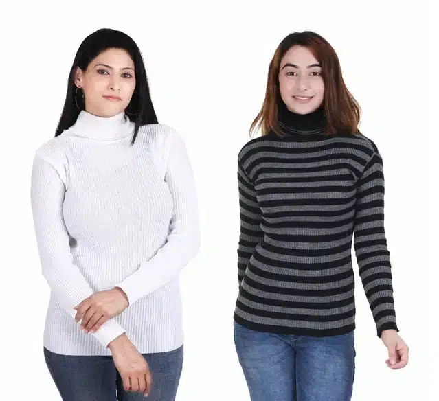 Full Sleeves Solid Sweater for Women, Pack of 2 (White & Grey, M)