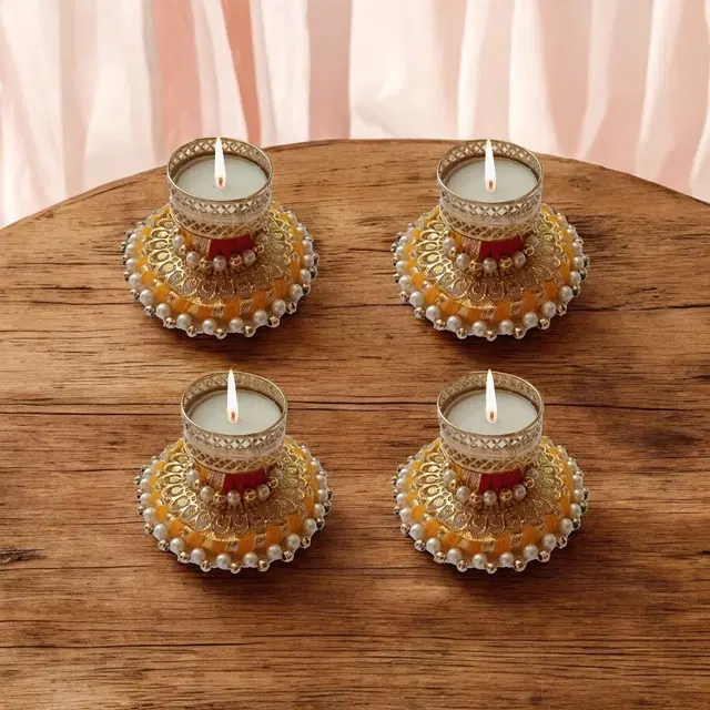 Metal Designer Tealight Candle Holder, Yellow, 8.8x8.8x3.8 cm, Pack of 4