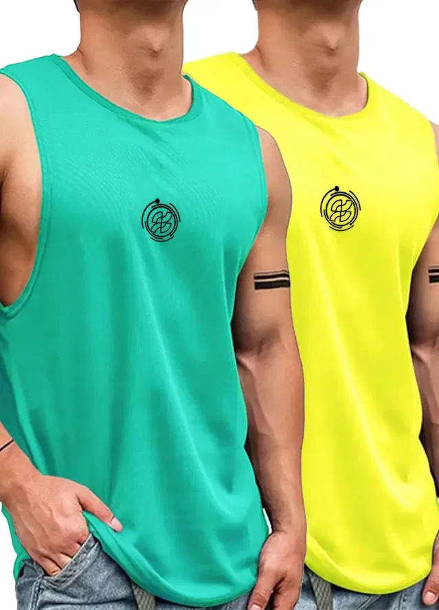 Polyester Printed Vest for Men, Pack of 2 (Green & Yellow, S)