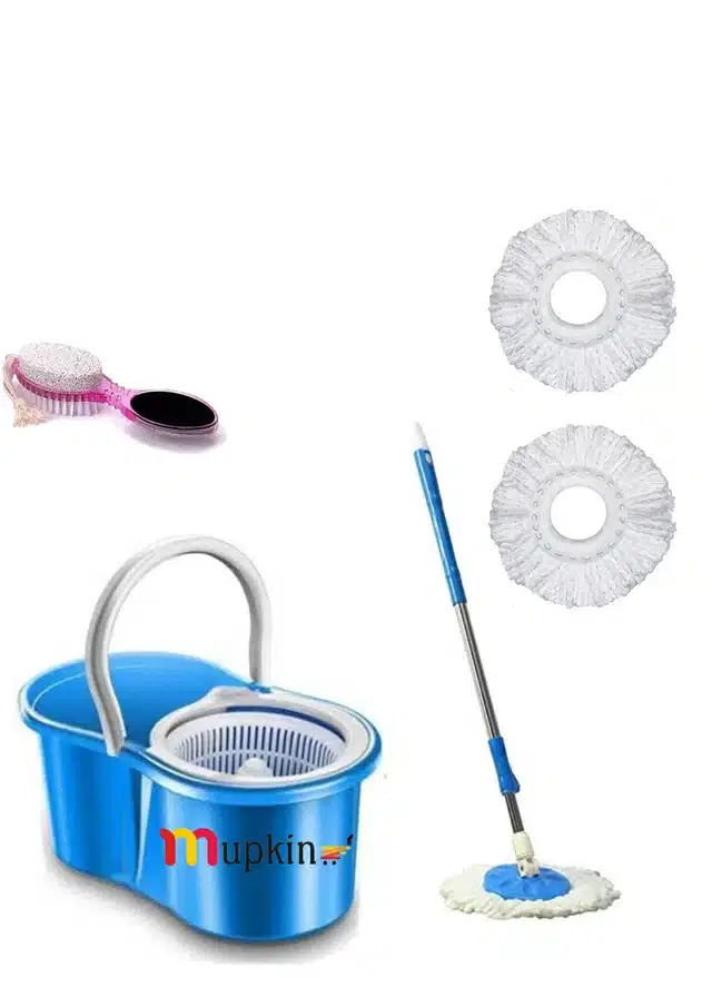 PVC Magic Spin Bucket Mop with 3 Refills & Pedicure Brush Set, Blue, Set of 2