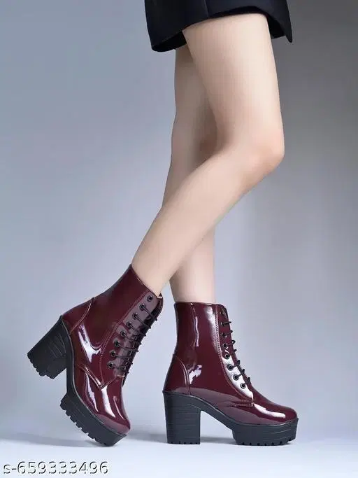 Solid Patent Leather Heeled Boots for Women Red (3)