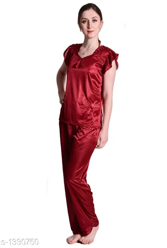 Satin Nightsuit Set for Women (Maroon, S)
