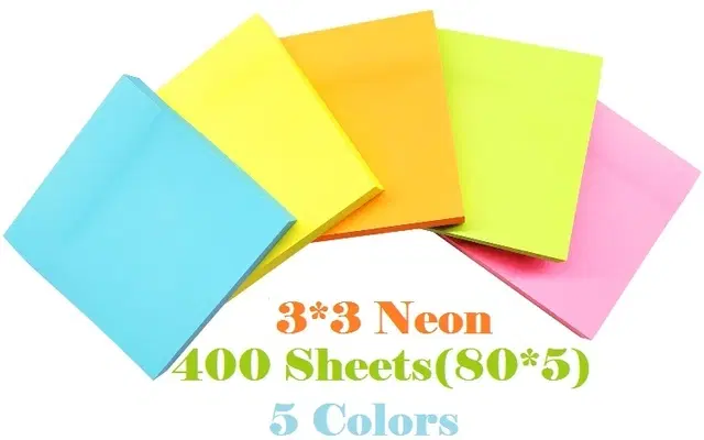 Paper Neon 80 Pcs Sticky Notes, Multicolor, 3x3 inches, Pack of 5
