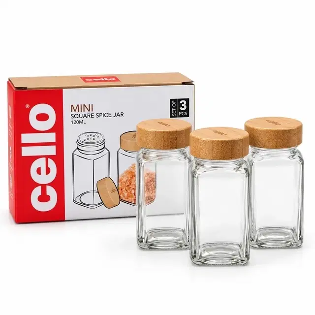 Cello Mini Square Borosilicate Glass Storage Jar With Lid, 120 ml | Set Of 3 | Airtight Lid | Microwave & Dishwasher Safe | Kitchen Container For Spices, Tea, Snacks, Pulses & Dry Fruits