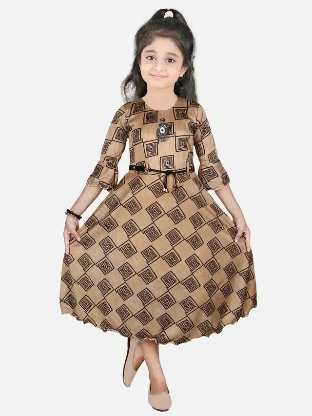 Three Quarter Sleeves Gown for Girls (Brown, 11-12 Years)