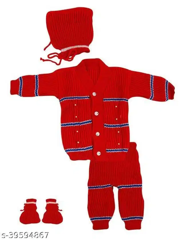 Woolen Striped Sweater with Pyjama & Cap with Socks for Kids (Red, 0-3 Months)