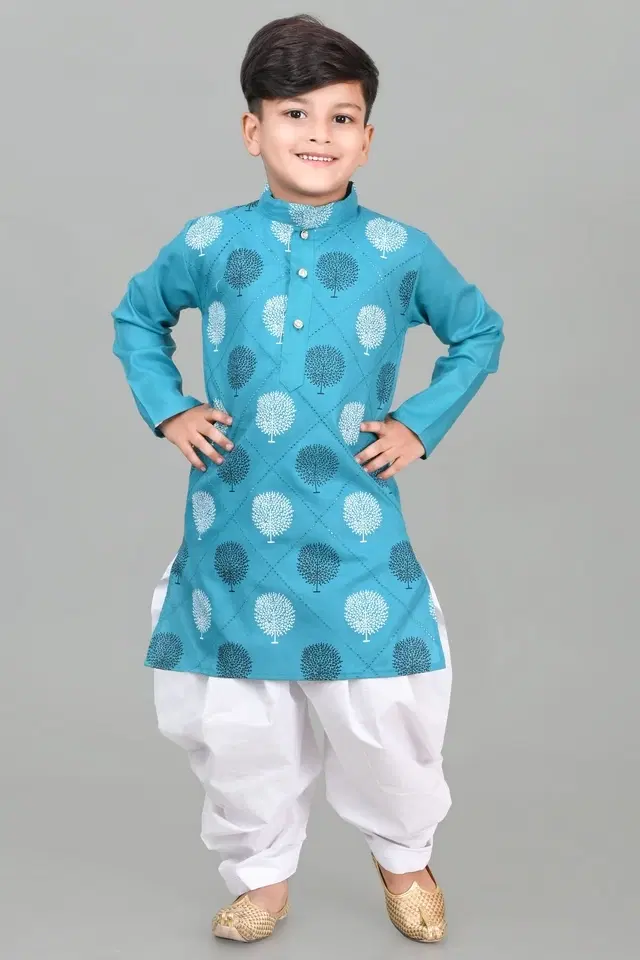 Cotton Printed Kurta with Dhoti for Boys, Teal & White (6-12 Months)