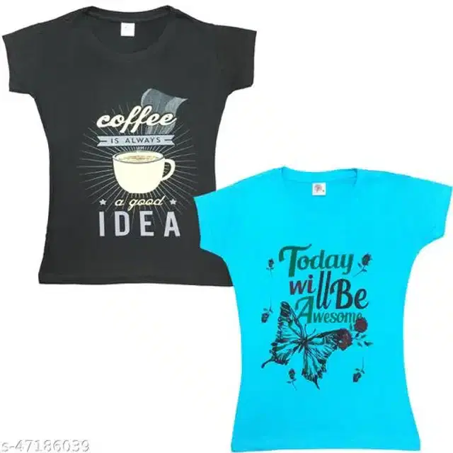 Cotton Half Sleeves T-Shirt for Girls, Pack of 2 (Black & Sky Blue, 6-7 Years)