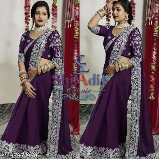 Poly Georgette Solid Saree For Women, Purple