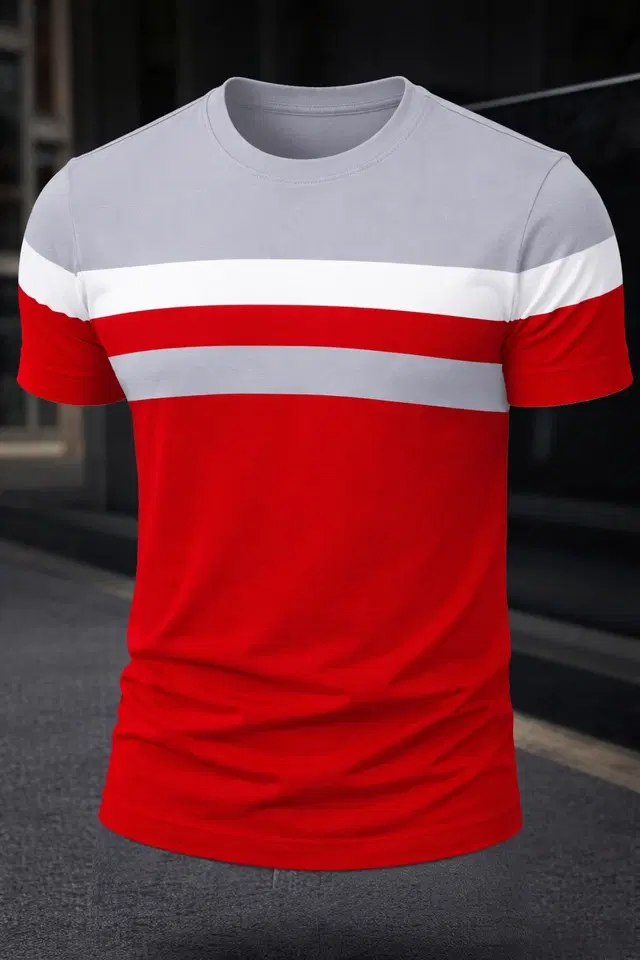 Colorblocked Round Neck Polycotton T-Shirt for Men ,Grey & Maroon (M)