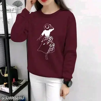 Round Neck Printed Sweatshirt for Women (Maroon, S)