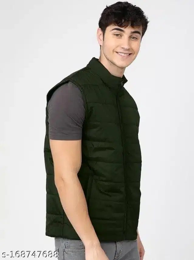 Polyester Sleeveless Solid Jacket for Men (Dark Green, L)