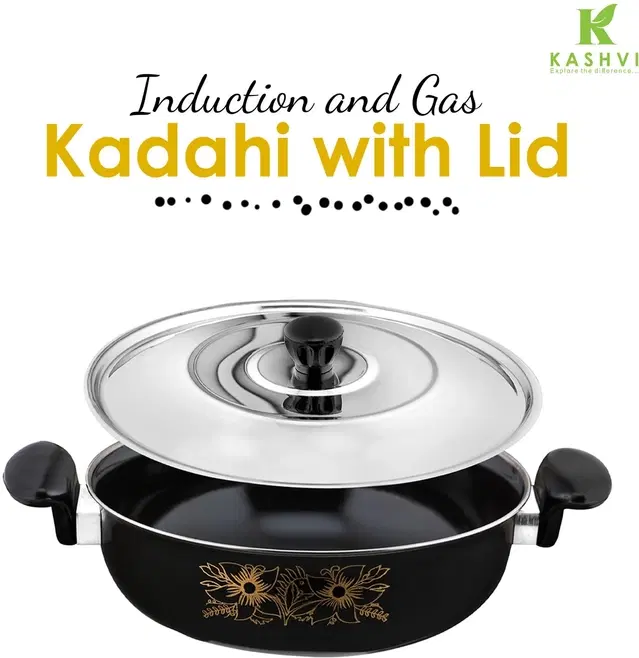 Cast Iron Kadai with Lid, Black & Silver, 28 cm