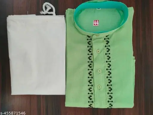 Cotton Solid Kurta Set for Men, White & Green (M)