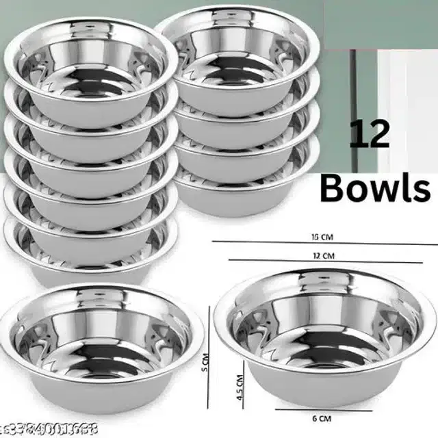 Stainless Steel Bowls, Silver, Pack of 12