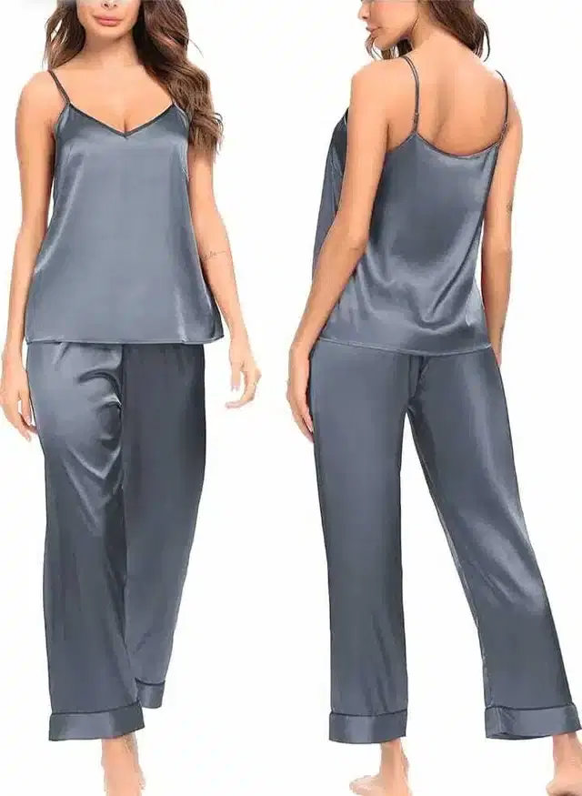 Satin Solid Night Suit for Women (Grey, Free)