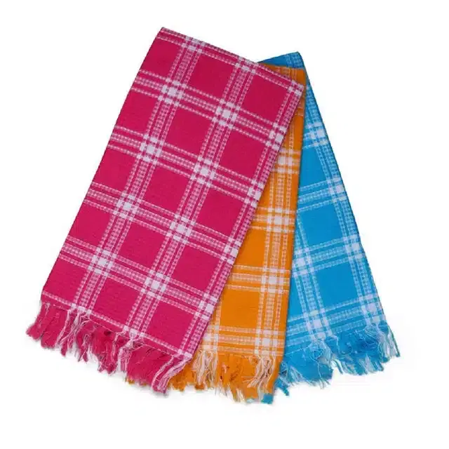 Cotton Checkered Bath Towels, Pack of 3, Multicolor, 60x30 Inches