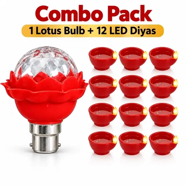Red Temple Bulb + Round Water Sensor Led Diya (Combo Pack of 13)