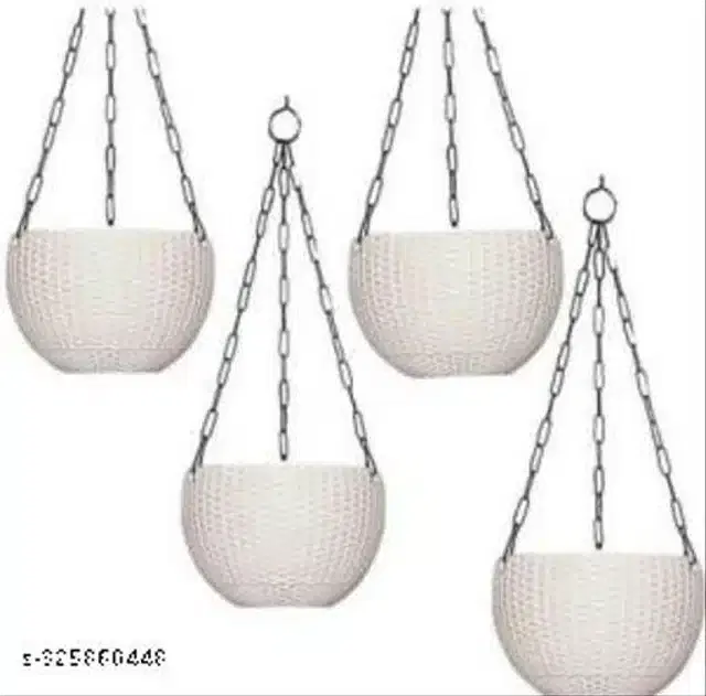Hanging Flower Pots with Metal Chain, White, Pack of 4