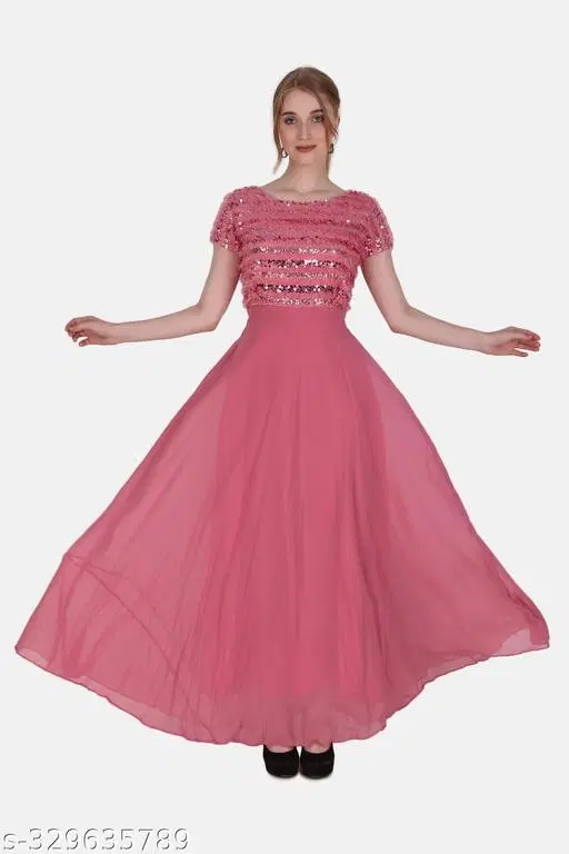 Georgette Embellished Gown for Women (Pink, M)