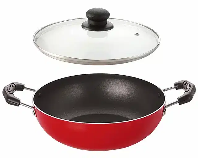 Aluminium Nonstick Kadhai with Glass Lid, Red, Set of 1