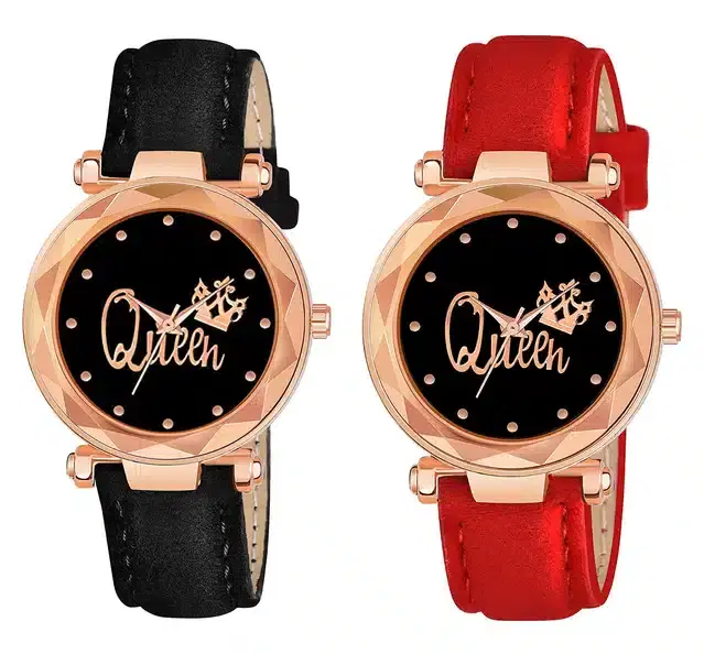 Designer Leather Analog Watch for Women & Girls, Pack of 2 (Black & Red)