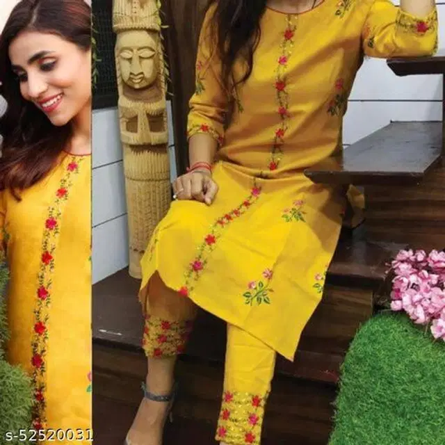 Cotton Blend Embroidered Kurta with Pant for Women (Yellow, XXL)