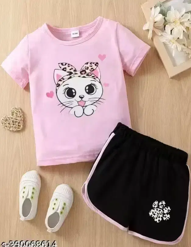 Chest Print Cotton Clothing Set for Girls, Pink and Black (12-18 Months)