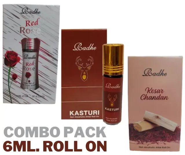 Combo of Radhe Red Rose with Kesar Chandan & Kasturi Non Alcoholic Roll On Attars for Men & Women, 6 ml, Pack of 3
