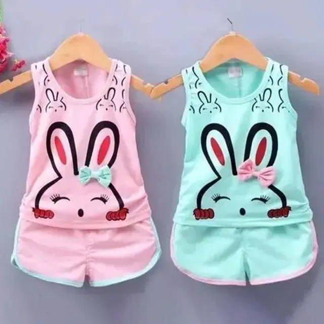 Hosiery Cotton Printed Clothings Set for Girls, Pack of 2, Pink & Sea Green (0-6 Months)