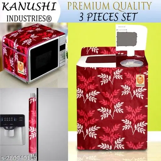 KANUSHI Industries® Microwave / Oven Top Cover With 4 Utility Pockets + 1 Pc Washabl & Dustproof Semi Load Automatic Washing Machine Cover + 1 Pc FRIDGE HANDLE COVER (MICRO+W.M-SEMI+1-HANDLE-MARON-SMAL-LEVS)