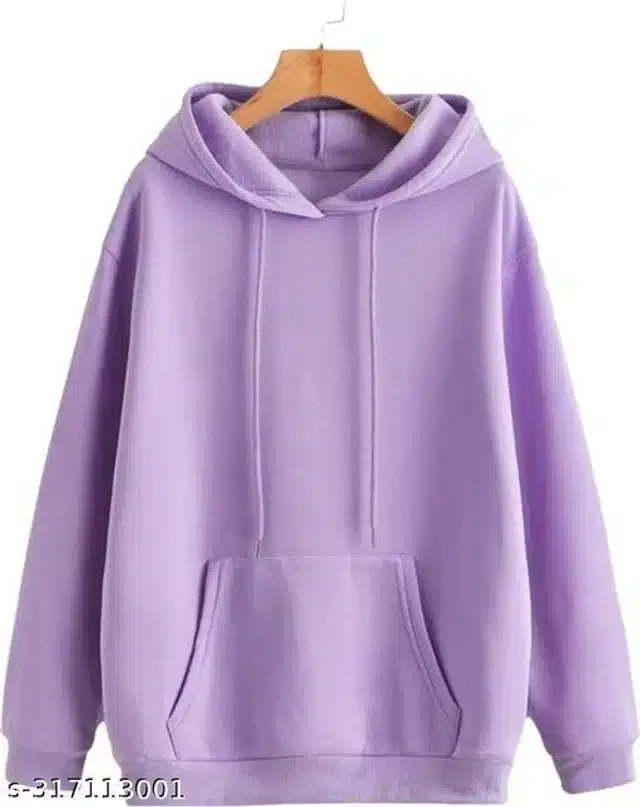 Fleece Solid Full Sleeves Hooded Sweatshirt for Women (Lavender, M)