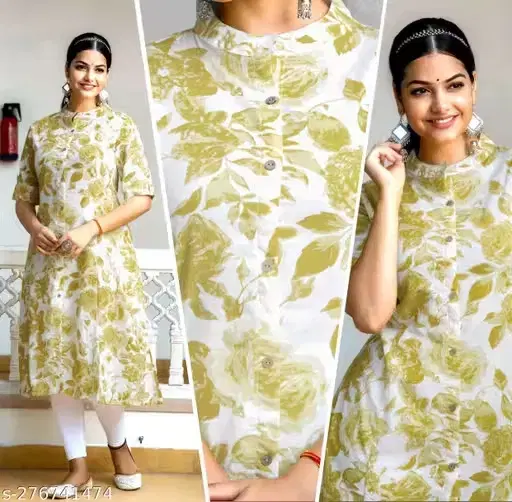 Floral Print Straight Cotton Blend Kurtis for Women ,Green (M)