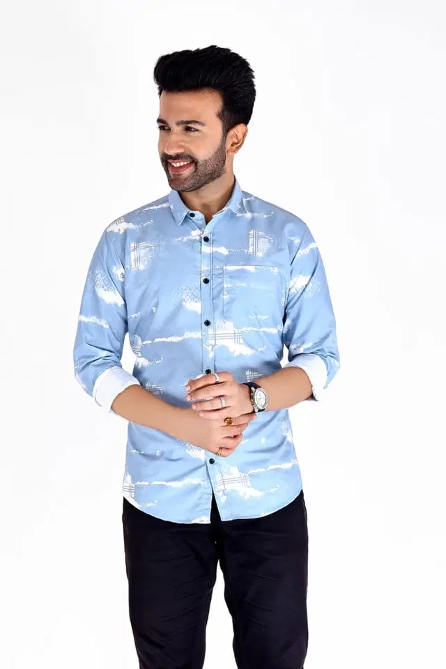 Cotton Blend Printed Shirt for Men, White & Blue (M)