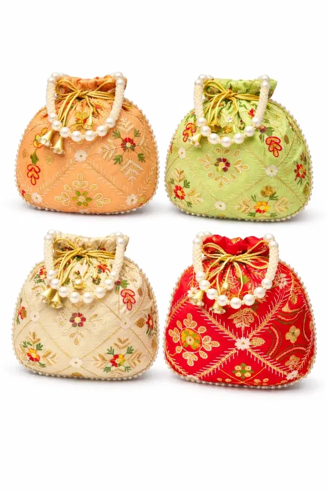 Handcrafted Embroidered Silk Potli Bag, Multicolour, Pack of 4