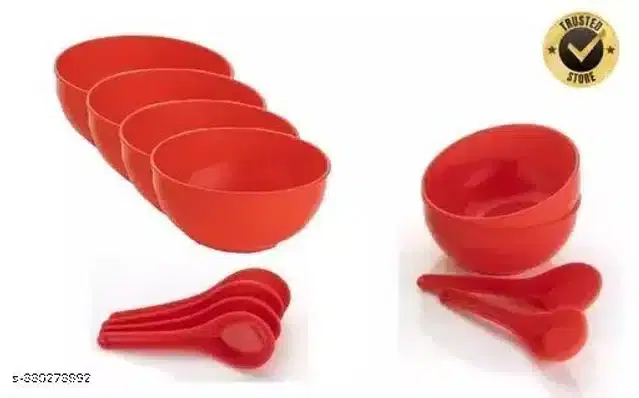 Plastic 6 Pcs Bowls, 250 ml with 6 Pcs Spoons, Red, Set of 2