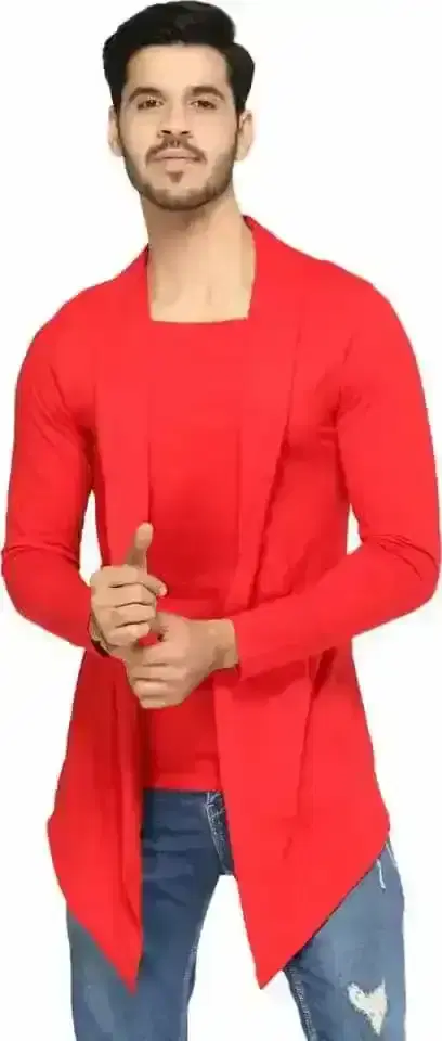 Glito Mens Solid Cotton Long Sleeves Regular Slim Fit Shrug (Red, M)