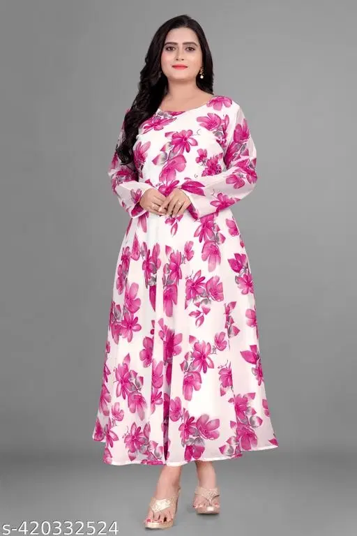 Georgette Printed Gown for Women (Pink, S)